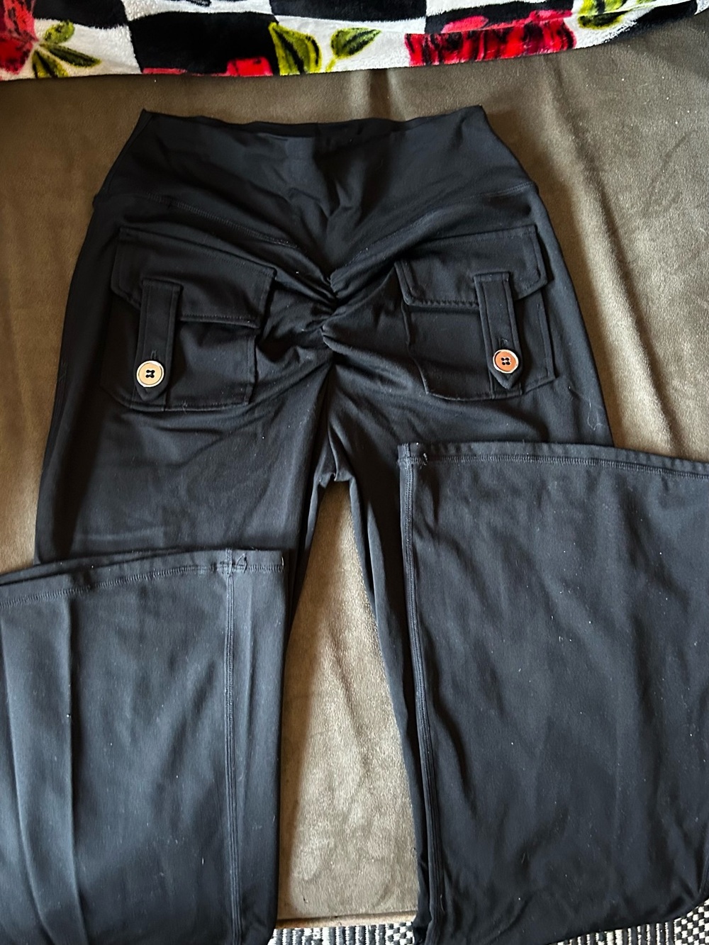 Black High-Rise Bootcut Pants with Button Flap Pockets